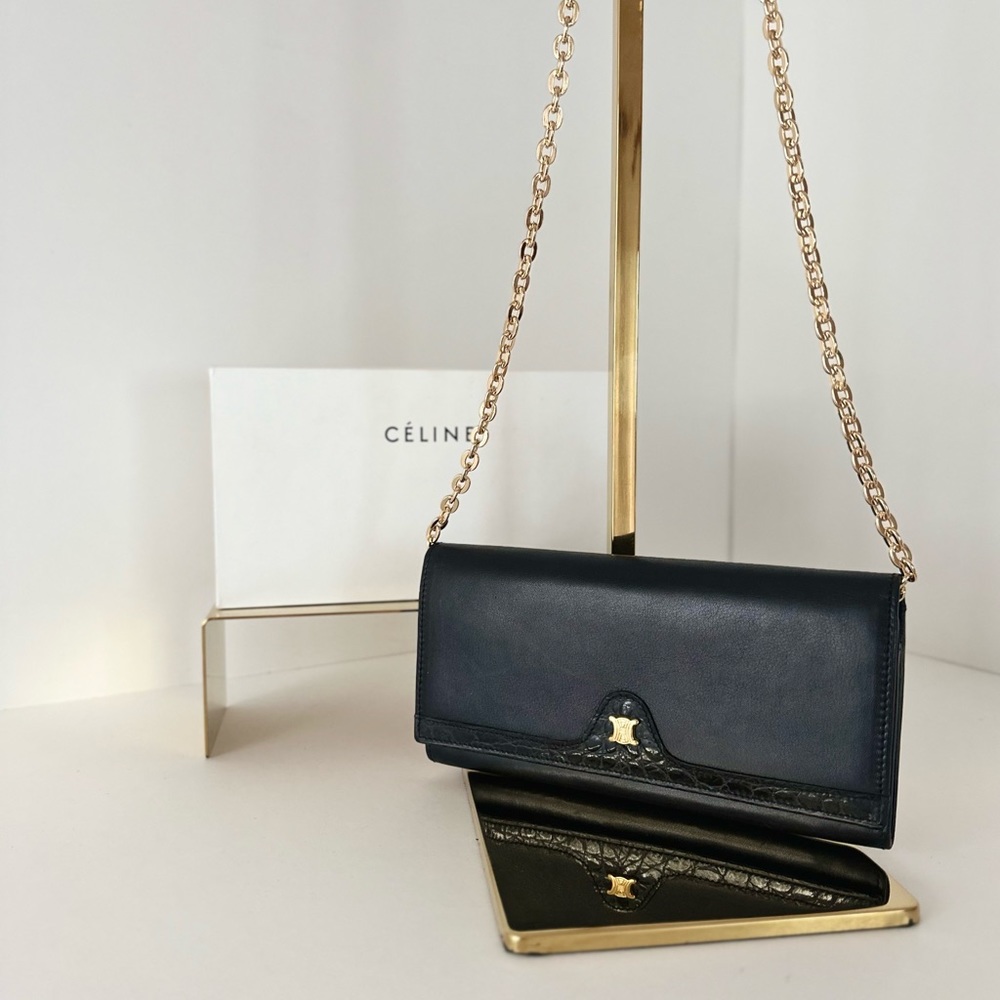 Céline Triomphe WOC, Reptile and Lambskin Leather Wallet en Noire